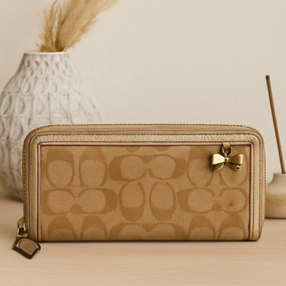 Coach Signature Zip-Around Wallet w/ Bow Charm – Khaki Gold – Very Used - Picture 1 of 2